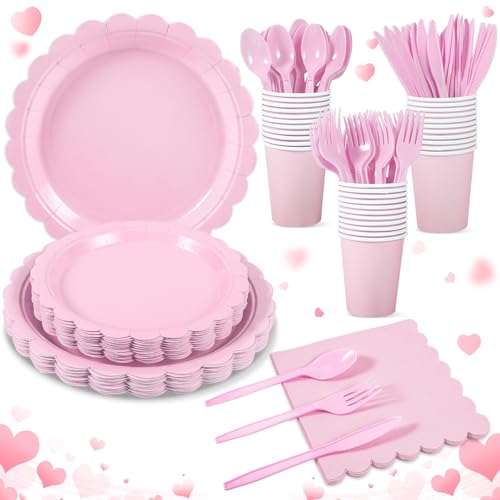 Xiangqu 175 Pcs Party Plates and Cups and Napkins Sets, 9" Pink Valentines Paper Plates, 7" Dessert Plate, 9oz Cups & Cutl...