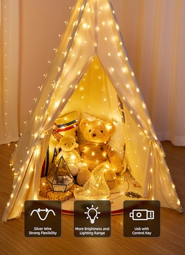 Brightown 300 LED Fairy Curtain Lights, 9.8ft x 9.8ft Warm White Curtain String Lights, USB Plug in 8 Lighting Modes Chris...