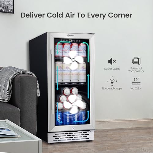 COLOZO 15 Inch Beverage Refrigerator Under Counter, 130 Cans Beverage Fridge with Tempered Glass Door & Lock, 37-65°F Beve...