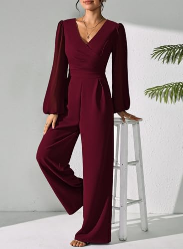Pink Queen Jumpsuits for Women Dressy Patchwork Chiffon Sleeve V Neck Wide Leg Romper Holiday Party Outfits