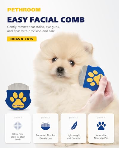 [PETHROOM] Professional Eye Comb for Pets | Stainless Steel Tear Stain Remover for Cats & Dogs | Gentle Round-Head Groomin...