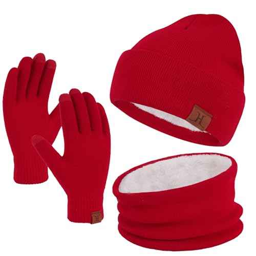 Winter Beanie Hat Scarf Touchscreen Gloves Set for Men and Women, Beanie Gloves Neck Warmer Set with Warm Knit Fleece Lined