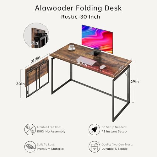 alawooder Folding Desk - 31.5" Wood Top Foldable Desk for Small Spaces | No Assembly Required Compact Desk for Home Offic...