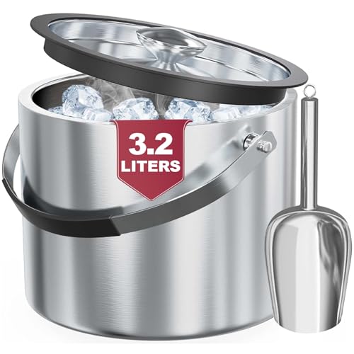 3.2L Double Wall Stainless Steel Ice Bucket with Lid,Scoop, Updated Insulated Ice Bucket for Cocktail Bar and Parties