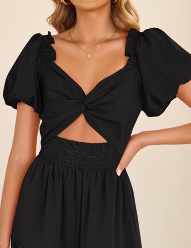 ZESICA Womens Summer Casual Flowy Vacation Maxi Dress 2026 Short Puff Sleeve A Line Smocked Cutout Beach Party Dresses
