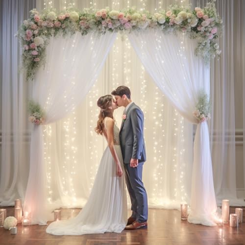10x10ft White Tulle Backdrop Curtain with Lights String for Parites, Sheer Photo Backdrop Drapes with Lights for Wedding C...