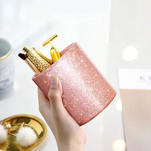 WAVEYU Pen Holder for Desk, Pencil Cup Pink Glitter Bling for Women Girls, Luxury Makeup Brush Holder Large Pu Leather Mul...