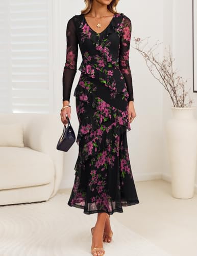 ZESICA Women's Fall Floral Long Sleeve Maxi Dress 2026 Boho Bodycon V Neck Ruffle Wedding Party Long Dresses