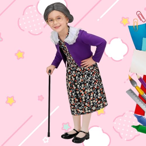 ZFQI Kids Old Lady Costume for Girls 100 Days of School Costume Grandma Costumes Dress Up for Halloween 3-10 Years