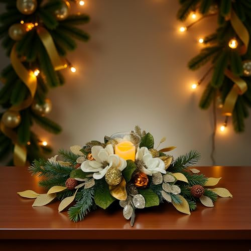 18" Centerpiece with Flameless LED Candle Holder, Design with White Artificial Magnolia, Gold Baubles & Spruce Branches fo...