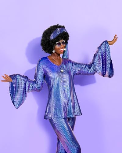 Jexine 70s Women Disco Outfit Costume Disco Party Top Pants Sunglasses Ball Necklace Earring Wig for Halloween New Year Eve