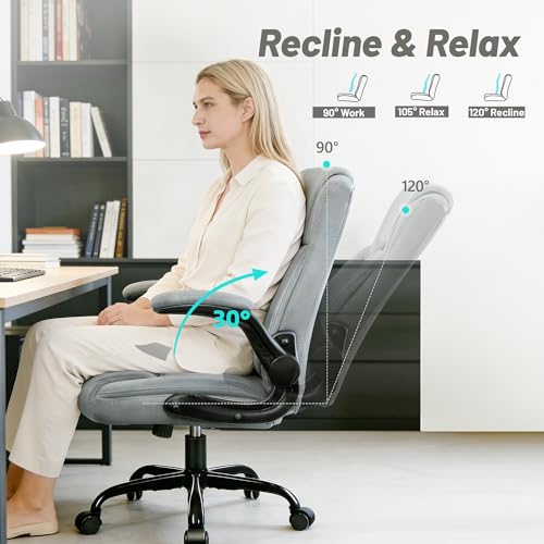 HeroSet Leather Office Chair, Ergonomic Home Office Desk Chair with Adjustable Flip-Up Arms and Lumber Support, Computer C...
