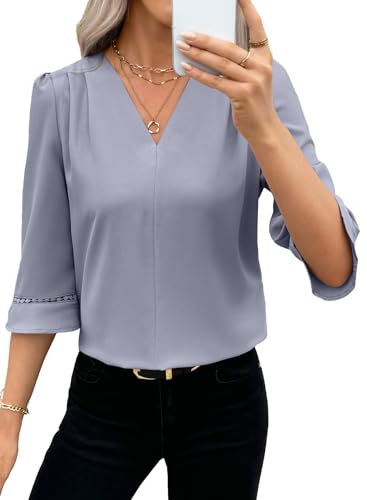 EVALESS Women's 3/4 Sleeve Tops Dressy Casual Pleated V Neck Business Work Blouses Office Shirts