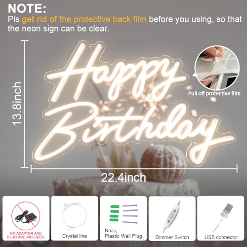 Happy Birthday Neon Sign, 22.4"x13.8" Happy Birthday Sign for Birthday Party Decor, Happy Birthday Light Up Led Signs for ...