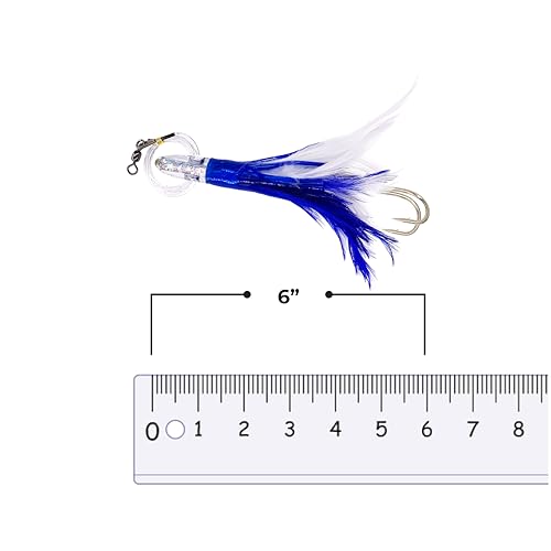 6” Sanhu Tackle Premium Tuna Feathers, 6 Pcs Blue/White Rigged, Saltwater Fishing Lures for Trolling