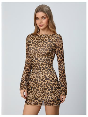 MakeMeChic Women's Cheetah Print Mini Dress Y2k Bell Sleeve Leopard Print Dress Going Out Outfits