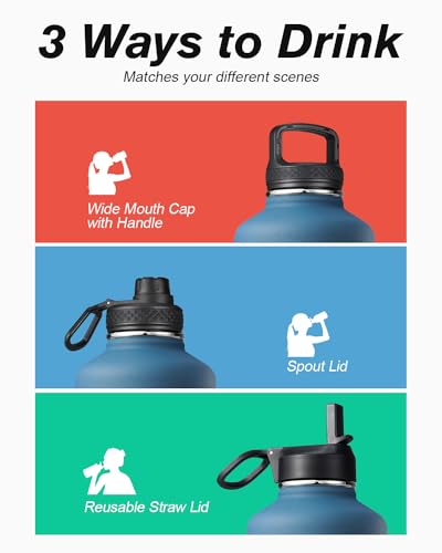 Half Gallon Water Bottle Insulated with Straw & 3 Lids, Coolflask 64 oz Water Jug Large Metal Stainless Steel Wide Mouth f...