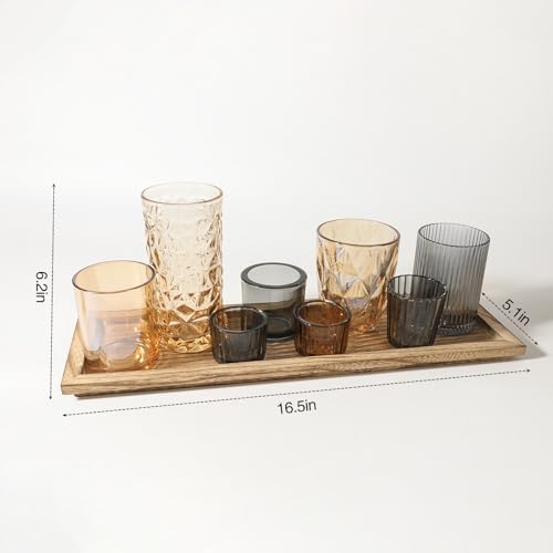 Rustic Wooden Tray with 8 Brown Glass Votive Candle Holders, Decorative Tea Light Holder Set for Mantel, Centerpiece, Dini...