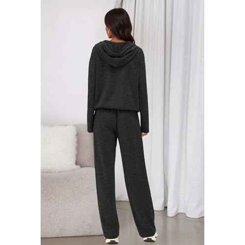 PRETTYGARDEN Womens 2 Piece Outfits Fall Sweatsuits Oversized V Neck Hoodie Wide Leg Sweatpants Travel Tracksuit Lounge Sets