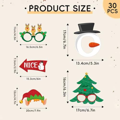 Glitter Christmas Photo Booth Props 30pc Set Photo Backdrop Christmas Party Selfie Prop for Holiday Xmas Party Supplies