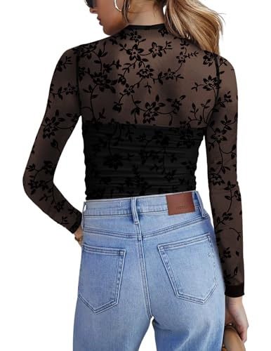 Zeagoo Womens Mesh Sheer Long Sleeve Top Mock Turtle Neck See Though Shirts Ruched Sexy Casual Going Out Blouses