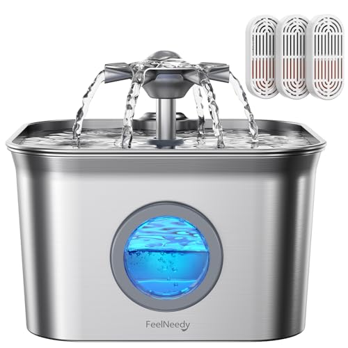 Stainless Steel Cat Water Fountain, 2.8L with 20dB Ultra-Quiet Pump- Ideal for Timid Pets, LED Water Level Window, Dishwas...