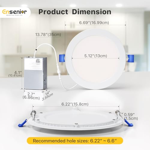 Ensenior 12 Pack 6 Inch LED Recessed Ceiling Light, Dimmable, 2700K-5000K 5CCT, 1200LM 12W 120V, High Brightness Canless W...