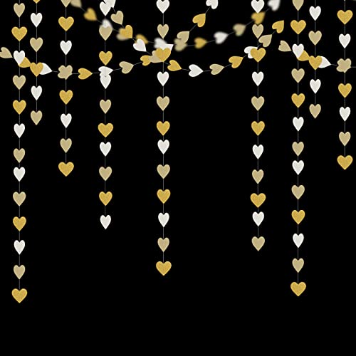 White-Gold Champagne Party-Decorations Heart Streamers Garland - 52Ft Christmas Wedding Engagement Hanging Paper Banner,Ba...