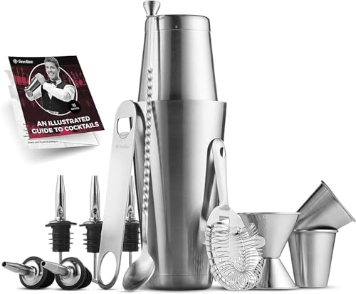 Cocktail Shakers Set, 14 Piece Stainless Steel Bar Tools Kit with Shaking Tins, Flat Bottle Opener, Double Bar Jigger, Haw...