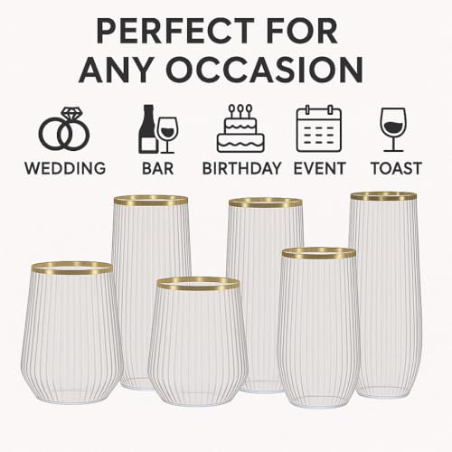 48 Pack Ribbed Origami Ripple Plastic Glasses, 24 9 Ounce Stemless Champagne Flutes & 24 12 Ounce Cups, BPA-Free Disposabl...