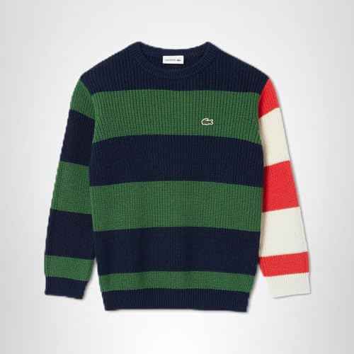 Lacoste Kid's Short Sleeve Elevated Stripe Crew Neck Sweater, Marine/ROQUETTE-LAPONIE-Sunrise, 2YR