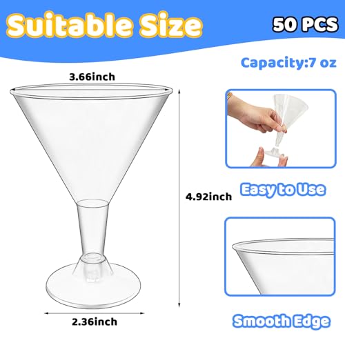 50 Pack Plastic Martini Glasses,7 oz Clear Disposable Cocktail Cups,Reusable Tall Stemmed Wine Shooter Glasses for Party W...