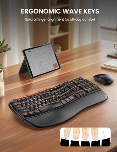Ergonomic Wireless Keyboard and Mouse Combo, 2.4G Full Size Wave Key Board with Cushioned Palm Rest, Natural Typing, 3 DPI...