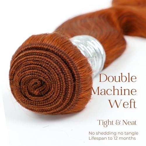 12A Ginger Body Wave Bundles Human Hair, Soft And Shed-Free Colored #350 Copper Burnt Orange 3 Bundles Double Weft 100% Unprocessed Brazilian Remy Hair Ginger Sew In Wavy 10 12 14 Inch