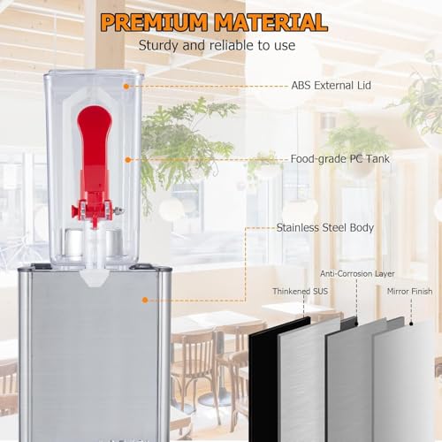 Commercial 10L (2.64 Gal) Stainless Steel Beverage Dispenser, 180W Iced Tea/Juice/Drink Machine With Food Grade Materials ...