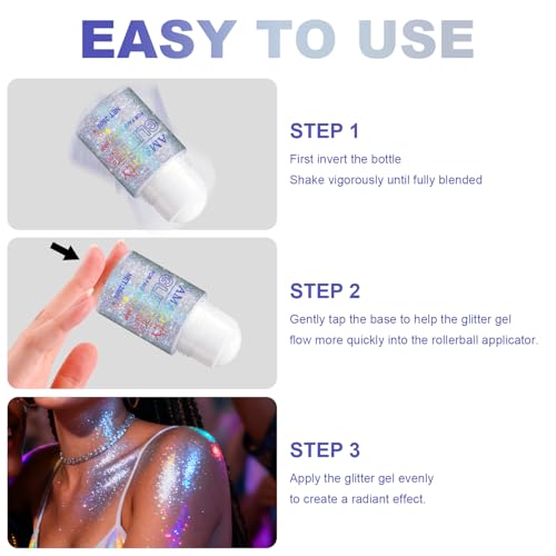 1PC Roll-on Holographic Body Glitter Gel for Body, Hair, Face, Chameleon Color Changing Glitter Gel Under Light, Chunky Me...