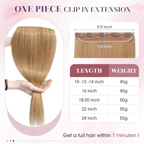 S-noilite One Piece Hair Extensions Clip in Human Hair 5 Clips 3/4 Full Head Clip on Remy Hair Extension for Women,One-Piece Design Adding Hair Volume 24 Inch 60g #Dark Blonde