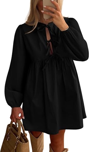 BTFBM Women's Casual Short Dress 2025 Bow Tie Front Puff Long Sleeve Button A Line Cute Y2K Going Out Dresses Pockets