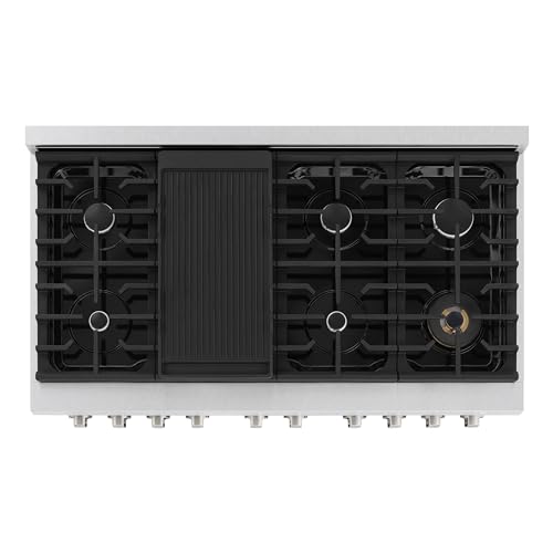 ZLINE 48 in. 6.7 cu. ft. Paramount Double Oven Dual Fuel Range with 8 Burner Gas Cooktop in Satin Stainless Steel with Whi...