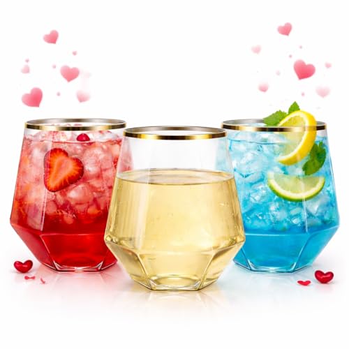 Oojami 40 count Diamond Unbreakable Stemless Plastic Wine Champagne Whiskey Glasses Elegant Durable Disposable Indoor Outd...
