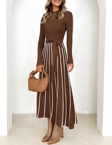 ZESICA Womens 2026 Spring Turtleneck Long Sleeve Sweater Dress Tie Waist Casual Loose Ribbed Knit A Line Midi Dresses