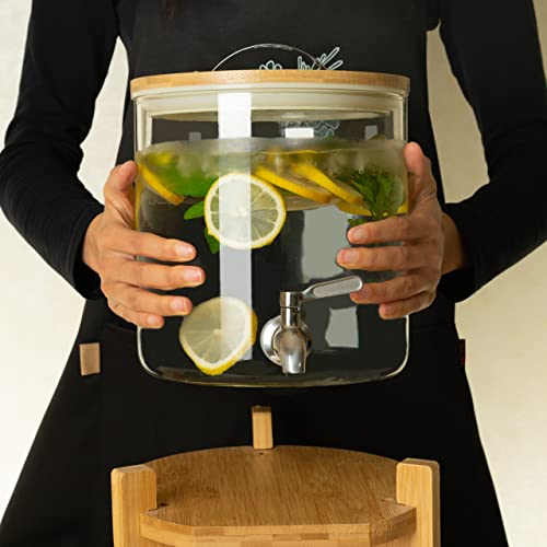 l‘ÉPICÉA Glass Drink Dispenser with Wood Stand,Cold Glass Beverage Dispenser for Party,Large Lemonade Dispenser Jar with S...