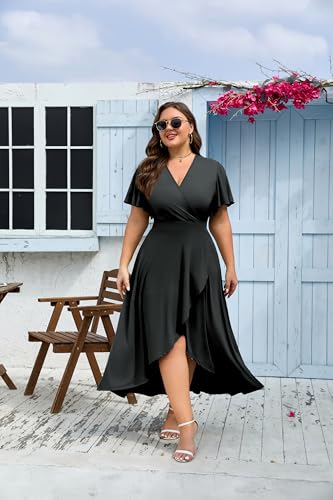 Actcat Womens Plus Size Maxi Dress Ruffle Short Sleeve Elegant Wrap V Neck High Low Split Long Dress