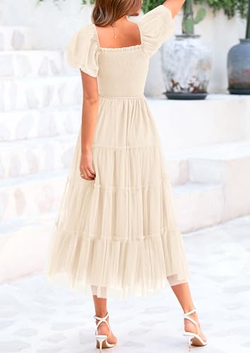 PRETTYGARDEN Women's Smocked Midi Tulle Dress 2026 Summer Puffy Short Sleeve Square Neck Ruffle Wedding Guest Party Dresses