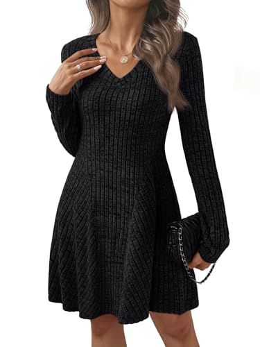 AUTOMET Womens Sweater Dresses Winter Long Sleeve Fall Fashion 2026 V Neck A-Line Flowy Mini Casual Dress Comfy Work Clothes