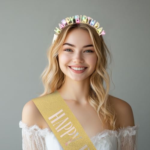 Uranian Light Up Birthday Headbands and Sash Led Rhinestone Crowns Birthday Hairbands Party Favor Hair Accessories for Women