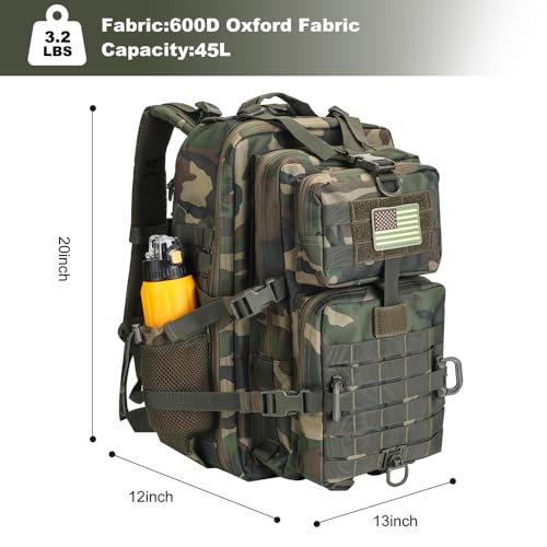 Hannibal Tactical 45L MOLLE Assault Backpack, Tactical Backpack Military Army Camping Rucksack with Bottle Holder, 3-Day P...