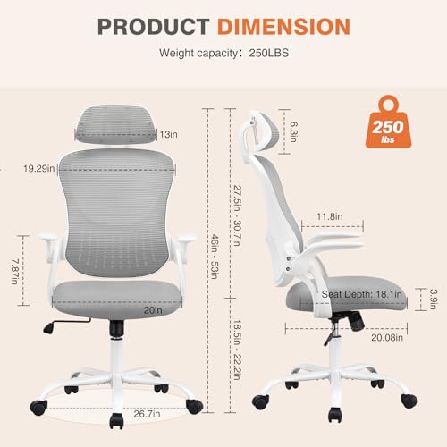 Sweetcrispy Home Office Desk Chair, Ergonomic High-Back Mesh Rolling Work Computer Chairs with Wheels and Adjustable Headr...