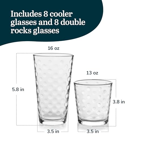 Libbey Awa Tumbler and Rock Glasses Drinking Set, Elegant Polka Dot Drinking Glasses Set of 16, All Purpose Glass Cups Set...