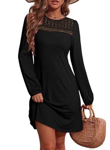 Dokotoo Dresses for Women Crew Neck Long Sleeve A Line Shift Dress Solid Color Loose Fit Mini Dress